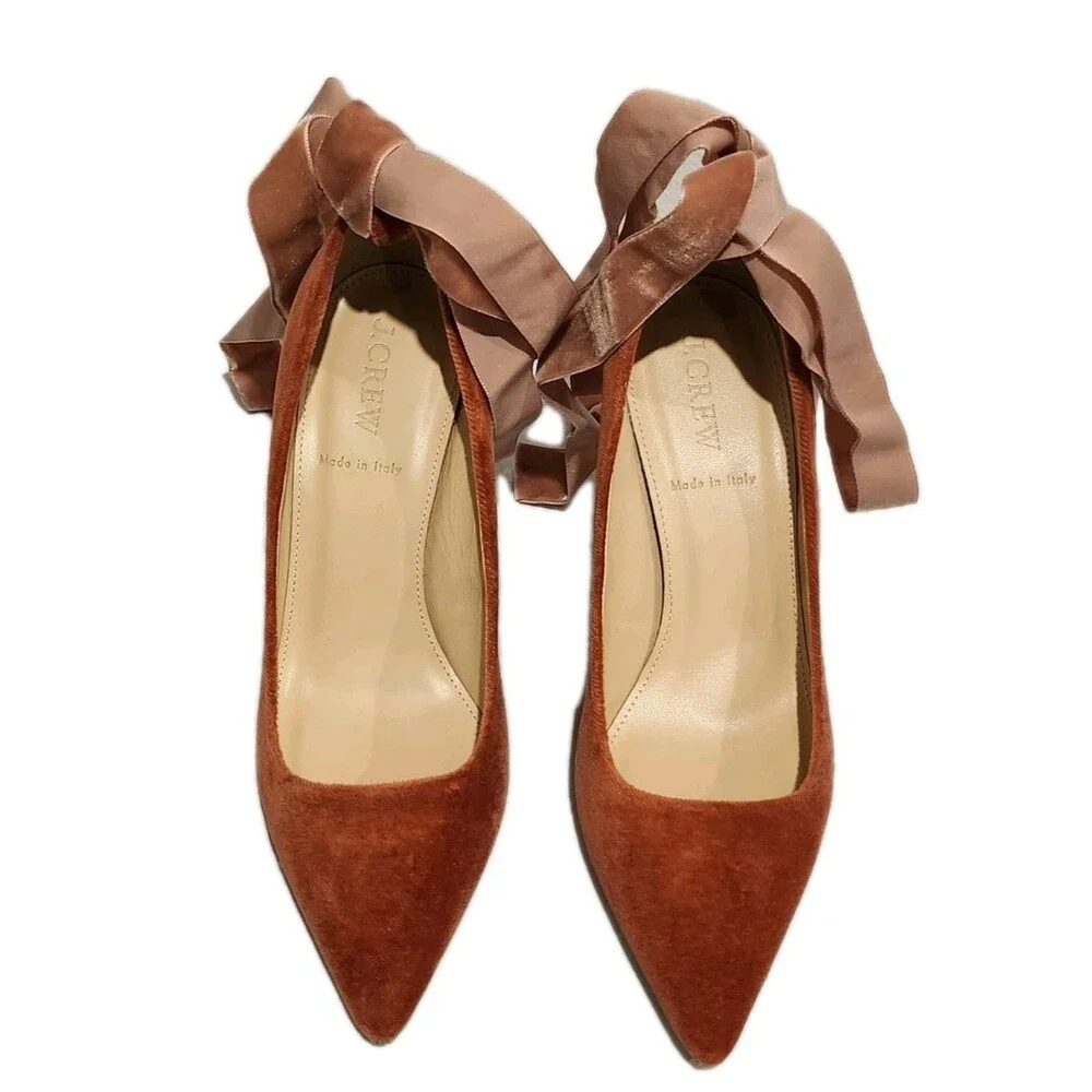 J.Crew Elsie Velvet Ankle-Wrap Pumps Rusted Red Size 6.5 W/Dust Bag & Box - Picture 2 of 13